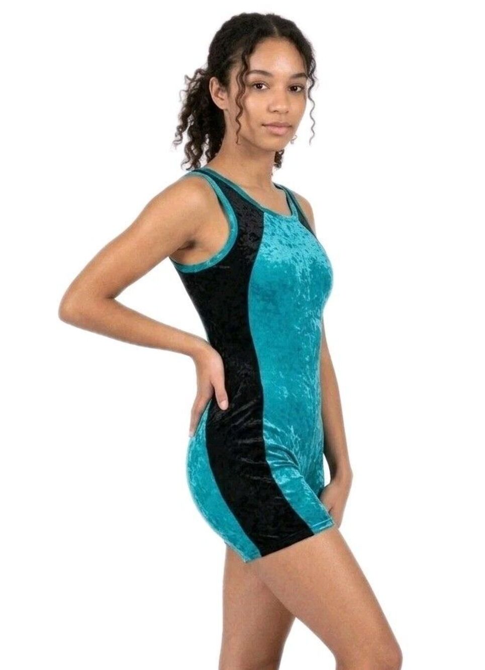 Gilda Marx VTG 90s Crushed Velvet Biketard Unitard Teal Black Size XS (Y/J)